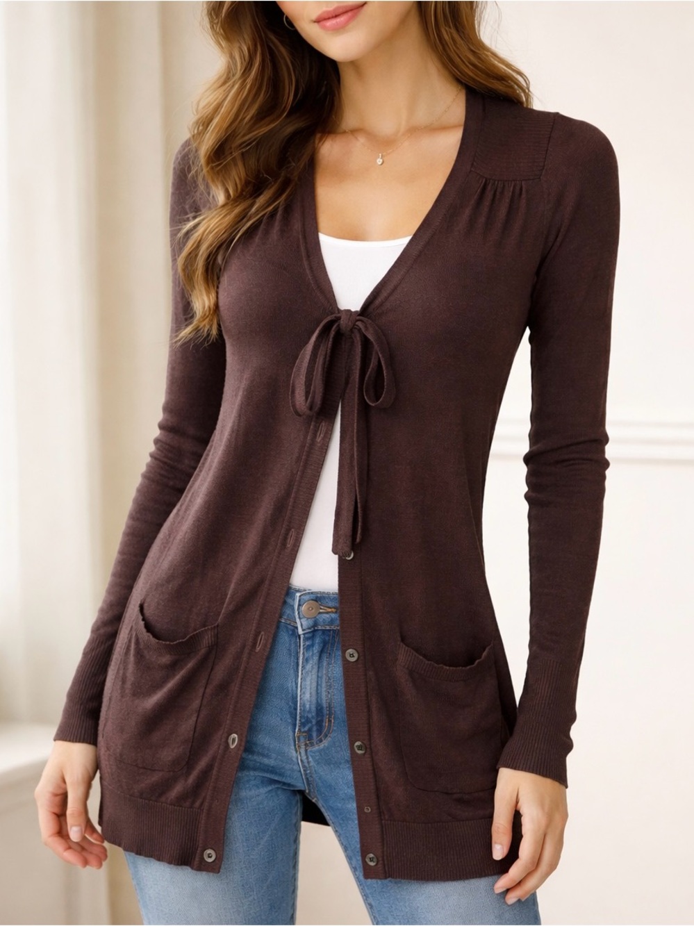 H&M Deep Burgundy Long Button Up Cardigan with Tie